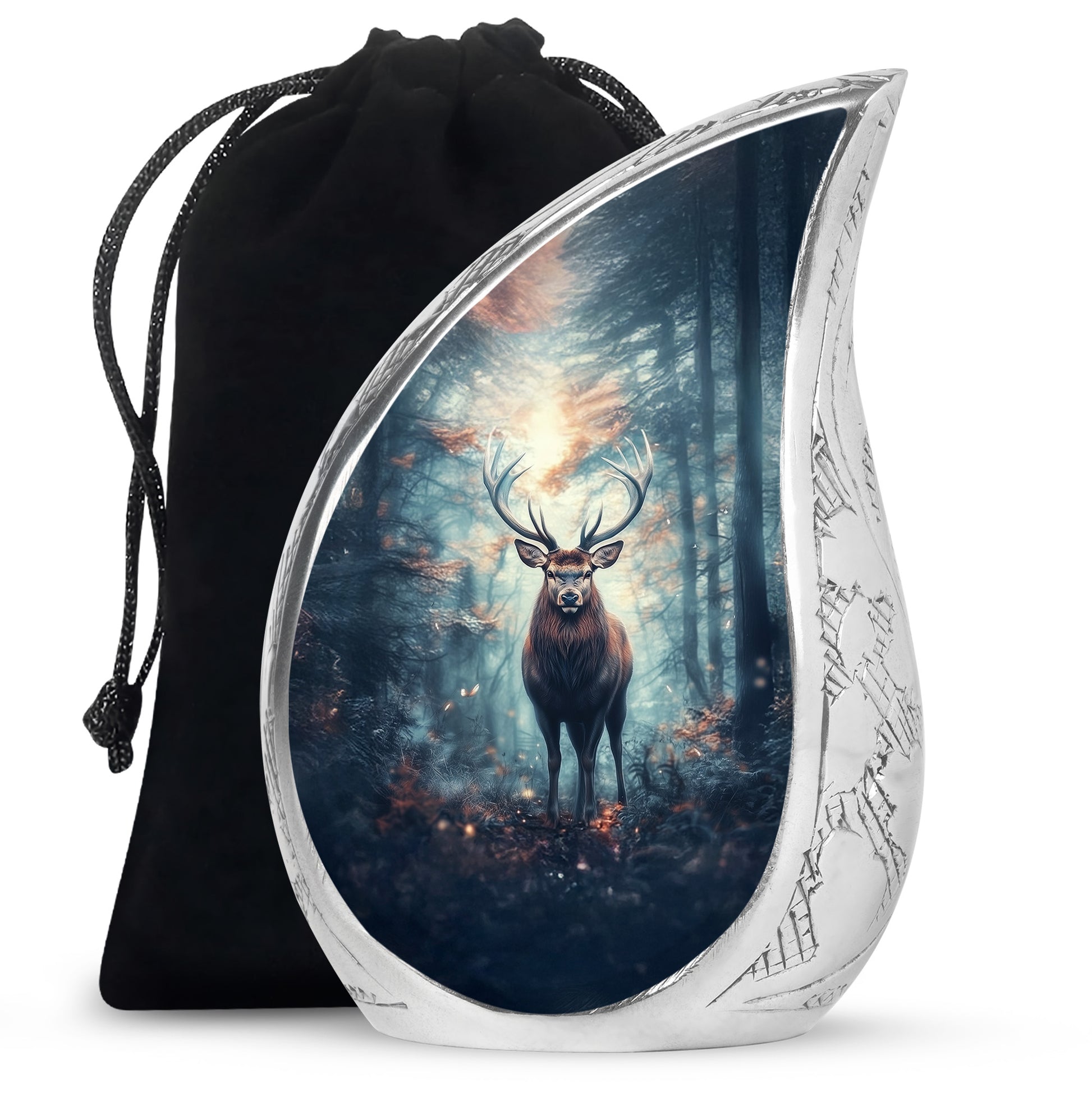 Pastel Blue Deer Cremation Urn front view showing detailed design - flowing teardrop deer silhouette on curved aluminum - full-size 10 inch 200 cubic inch adult cremation urn