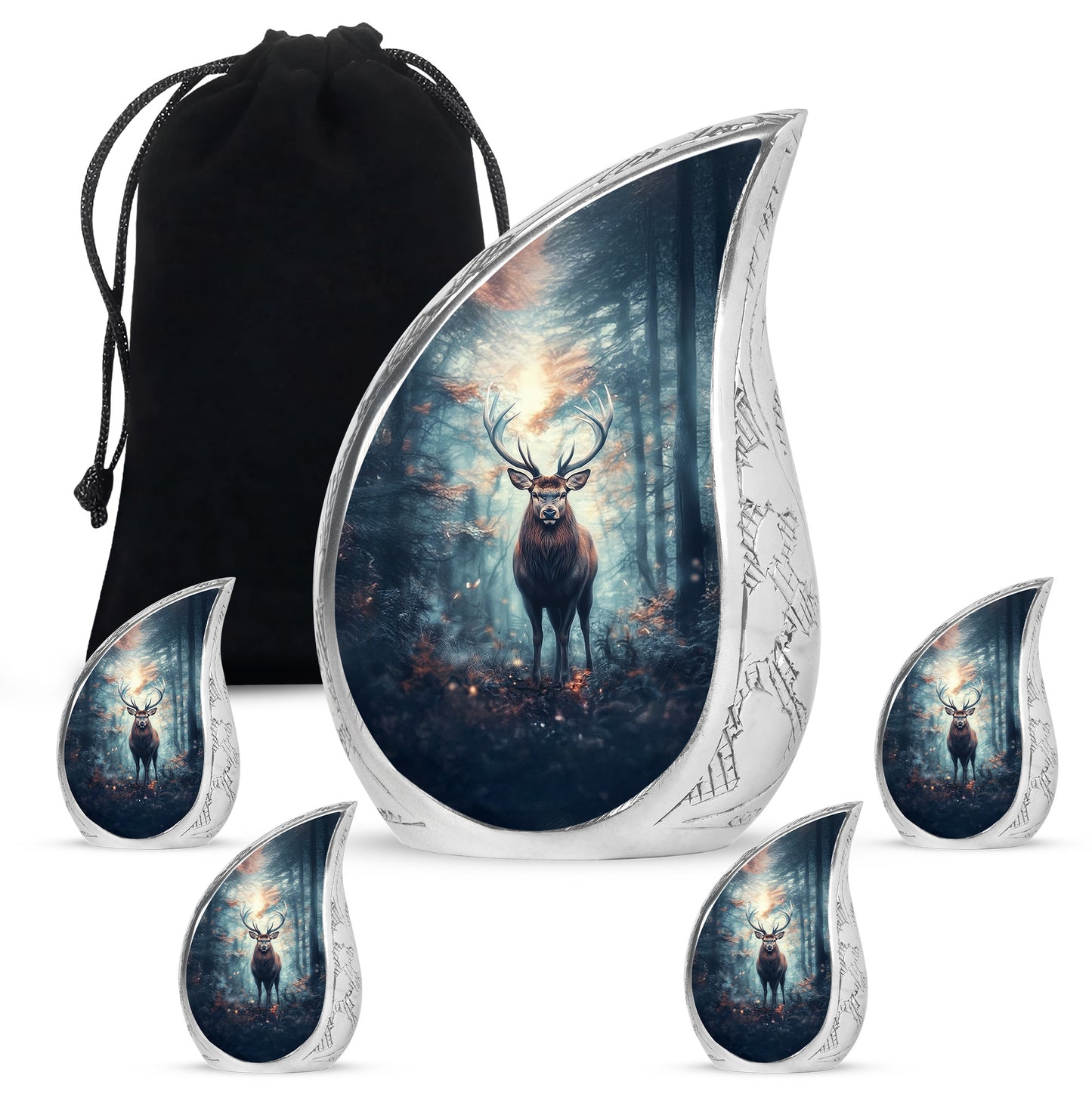 Calming Blue Deer Cremation Urn side profile showing urn shape - graceful tear-shaped urn with deer motif - memorial set with one large and four small urns