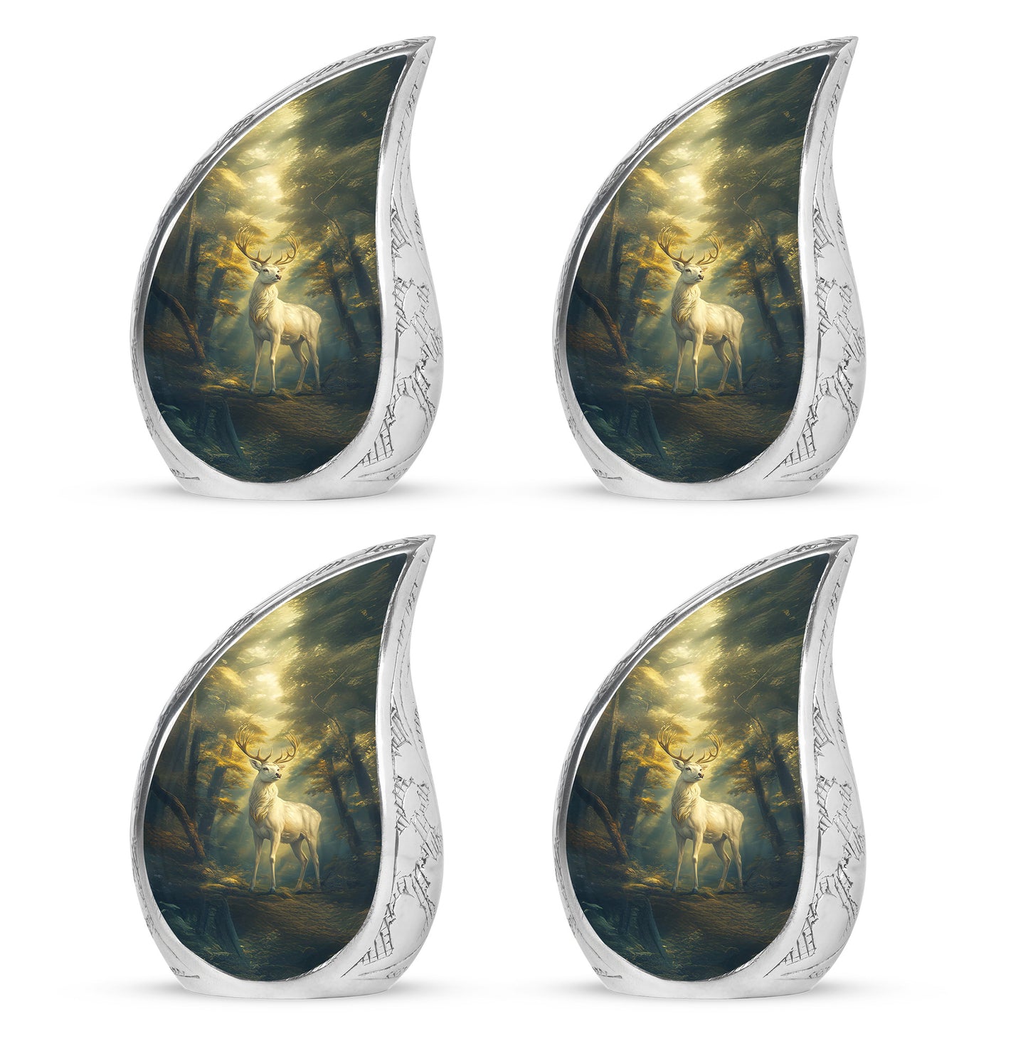Midnight Black Deer Cremation Urn close-up of engraving and surface detail - smooth teardrop contour featuring deer art - 10 inch aluminum urn for cremated remains