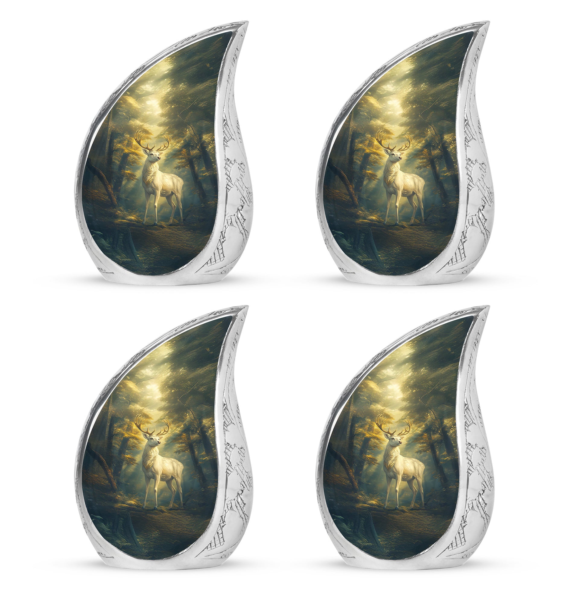 Midnight Black Deer Cremation Urn close-up of engraving and surface detail - smooth teardrop contour featuring deer art - 10 inch aluminum urn for cremated remains