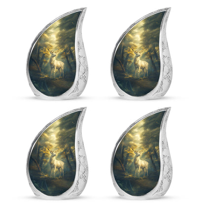 Midnight Black Deer Cremation Urn close-up of engraving and surface detail - smooth teardrop contour featuring deer art - 10 inch aluminum urn for cremated remains