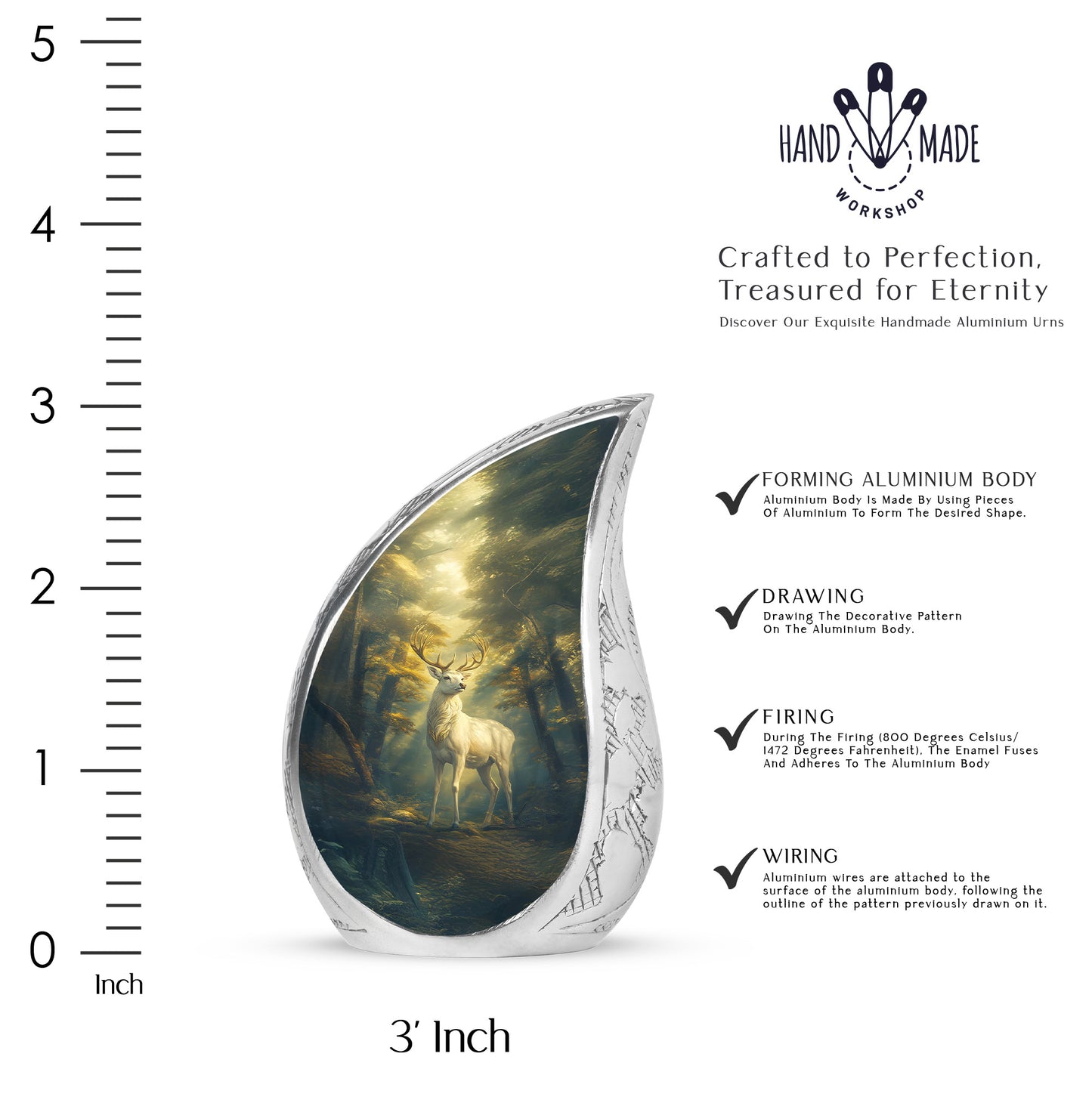 Charcoal Black Deer Cremation Urn angled view of lid and engraved motif - smooth teardrop contour featuring deer art - mini keepsake memorial for portion of cremation ashes