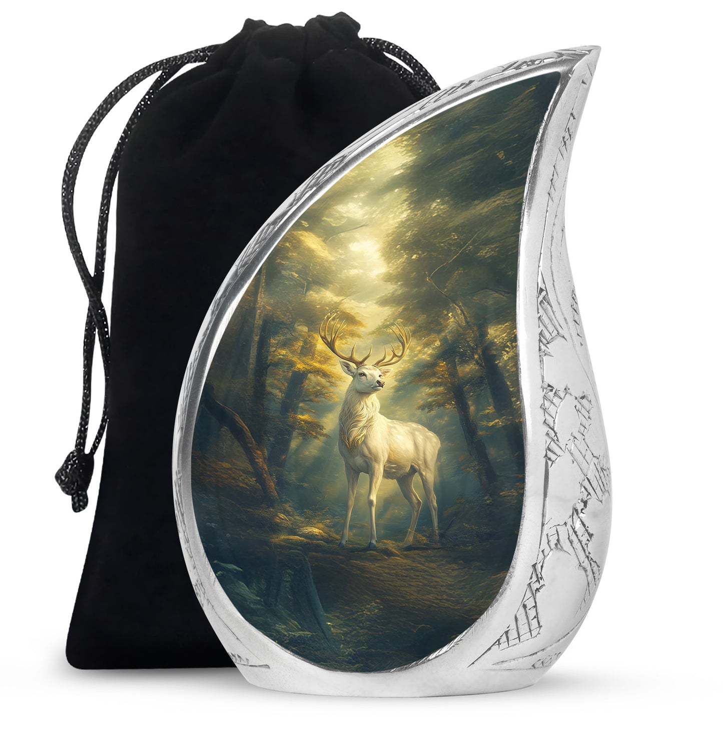 Obsidian Black Deer Cremation Urn front view showing detailed design - smooth teardrop contour featuring deer art - full-size 10 inch 200 cubic inch adult cremation urn