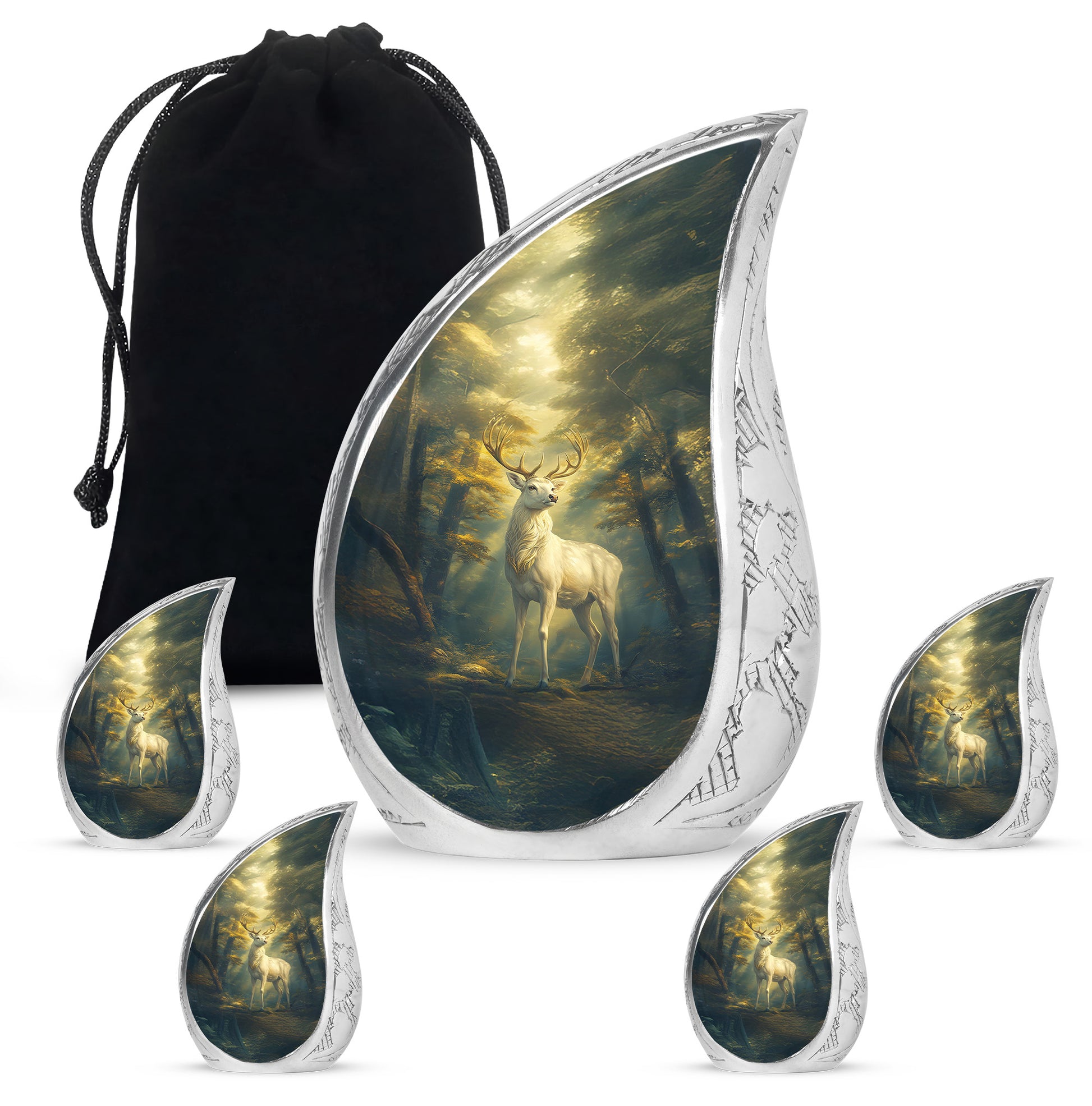 Deep Black Deer Cremation Urn side profile showing urn shape - flowing teardrop deer silhouette on curved aluminum - memorial set with one large and four small urns