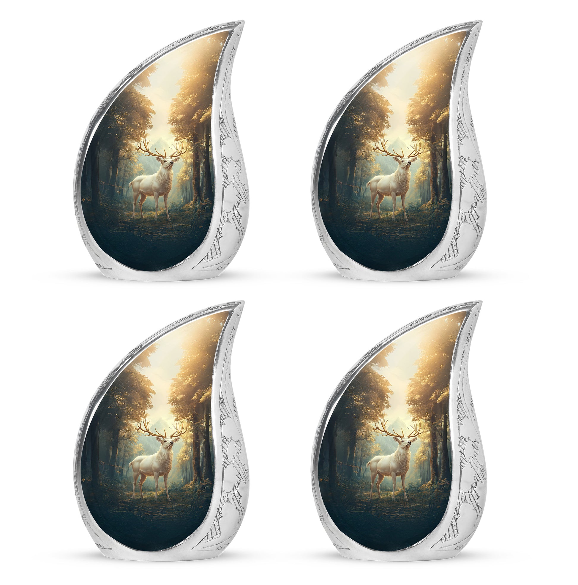 Harvest Gold Deer Cremation Urn close-up of engraving and surface detail - smooth teardrop contour featuring deer art - 10 inch aluminum urn for cremated remains
