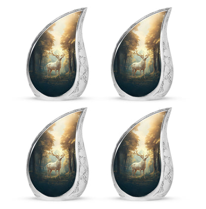 Harvest Gold Deer Cremation Urn close-up of engraving and surface detail - smooth teardrop contour featuring deer art - 10 inch aluminum urn for cremated remains