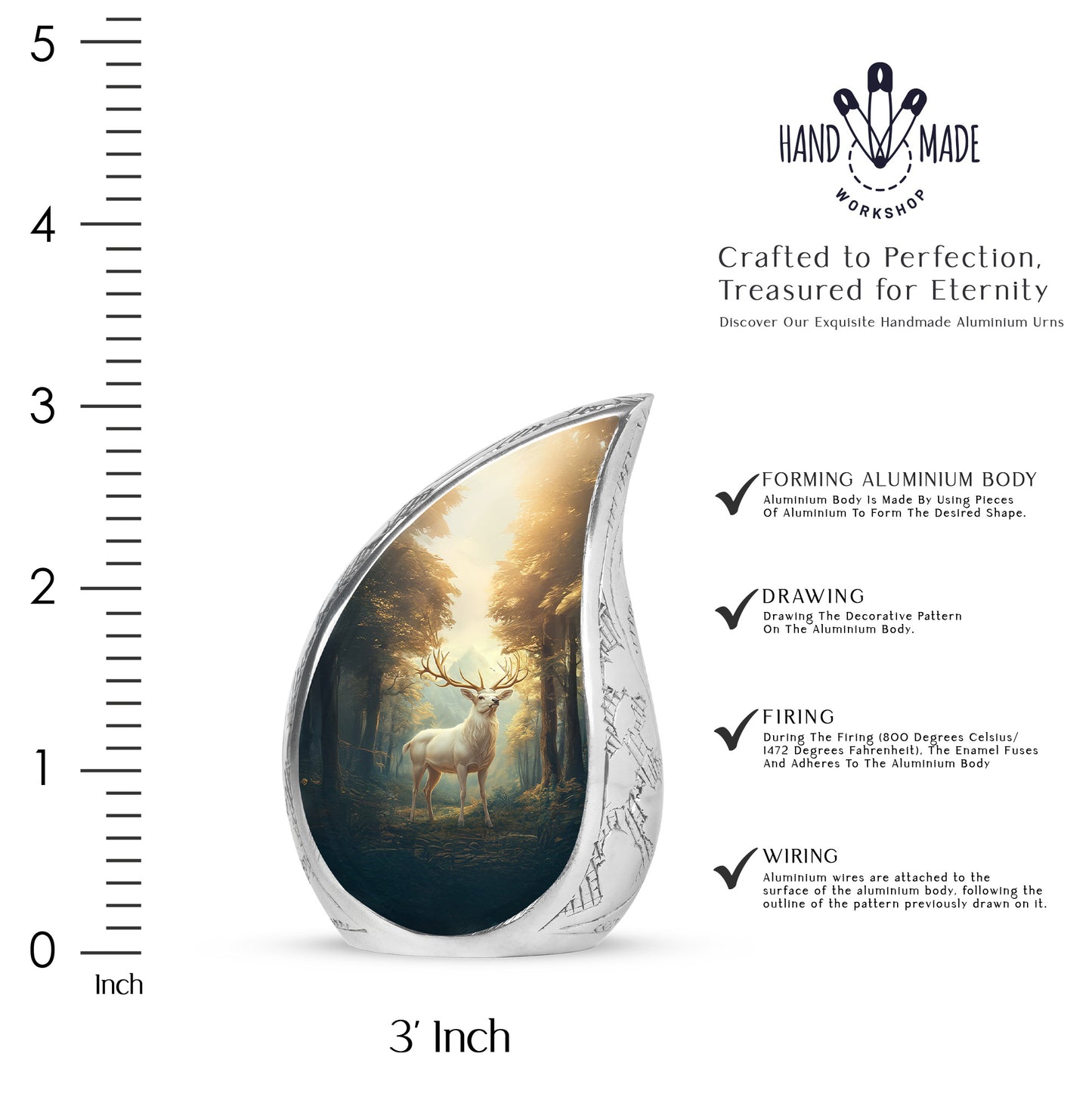 Antique Gold Deer Cremation Urn angled view of lid and engraved motif - rounded teardrop deer design with delicate detail - mini keepsake memorial for portion of cremation ashes