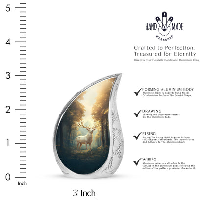 Antique Gold Deer Cremation Urn angled view of lid and engraved motif - rounded teardrop deer design with delicate detail - mini keepsake memorial for portion of cremation ashes
