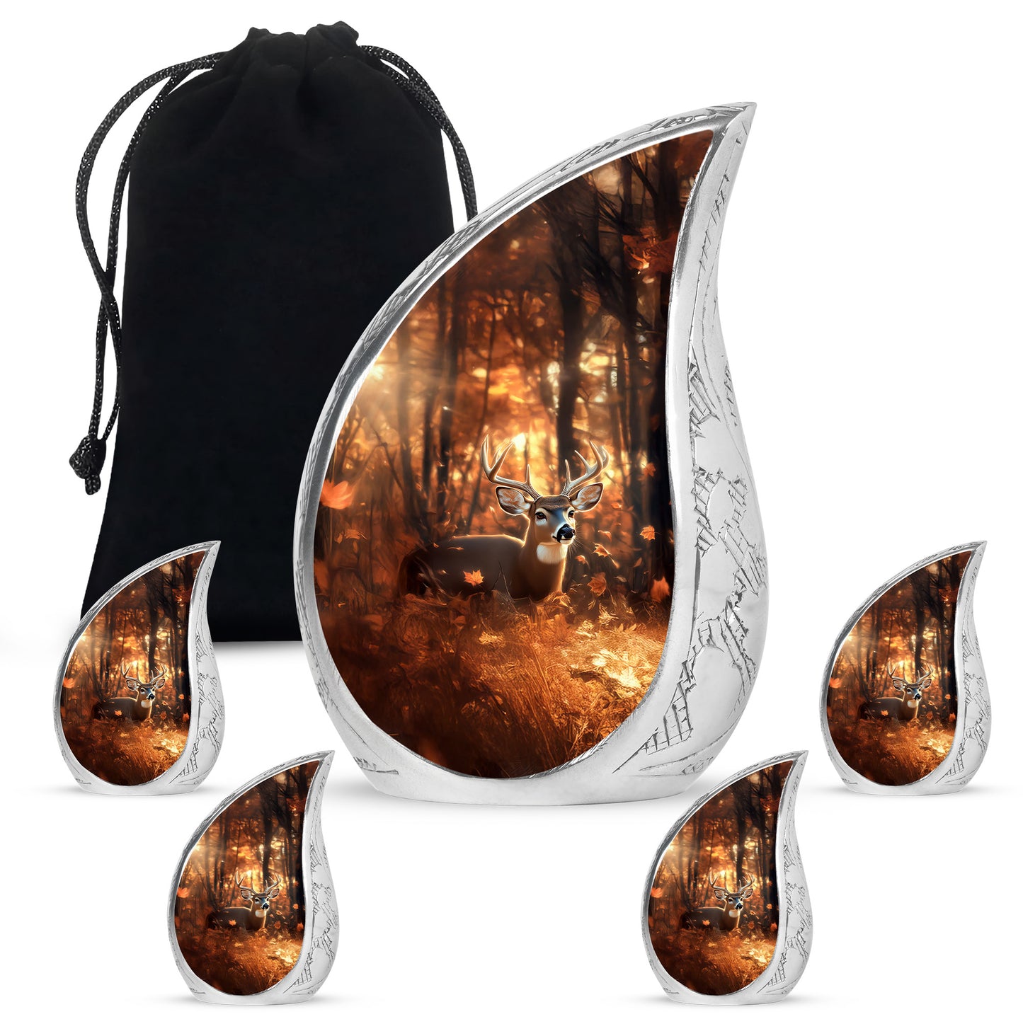 Royal Gold Deer Cremation Urn side profile showing urn shape - graceful tear-shaped urn with deer motif - memorial set with one large and four small urns