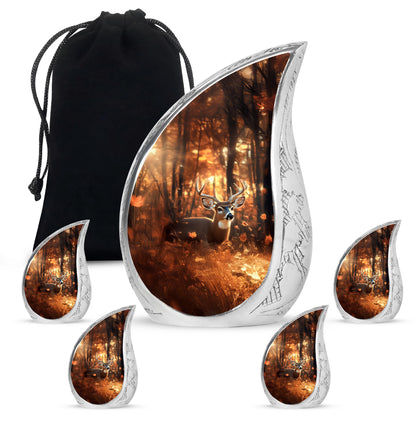 Royal Gold Deer Cremation Urn side profile showing urn shape - graceful tear-shaped urn with deer motif - memorial set with one large and four small urns