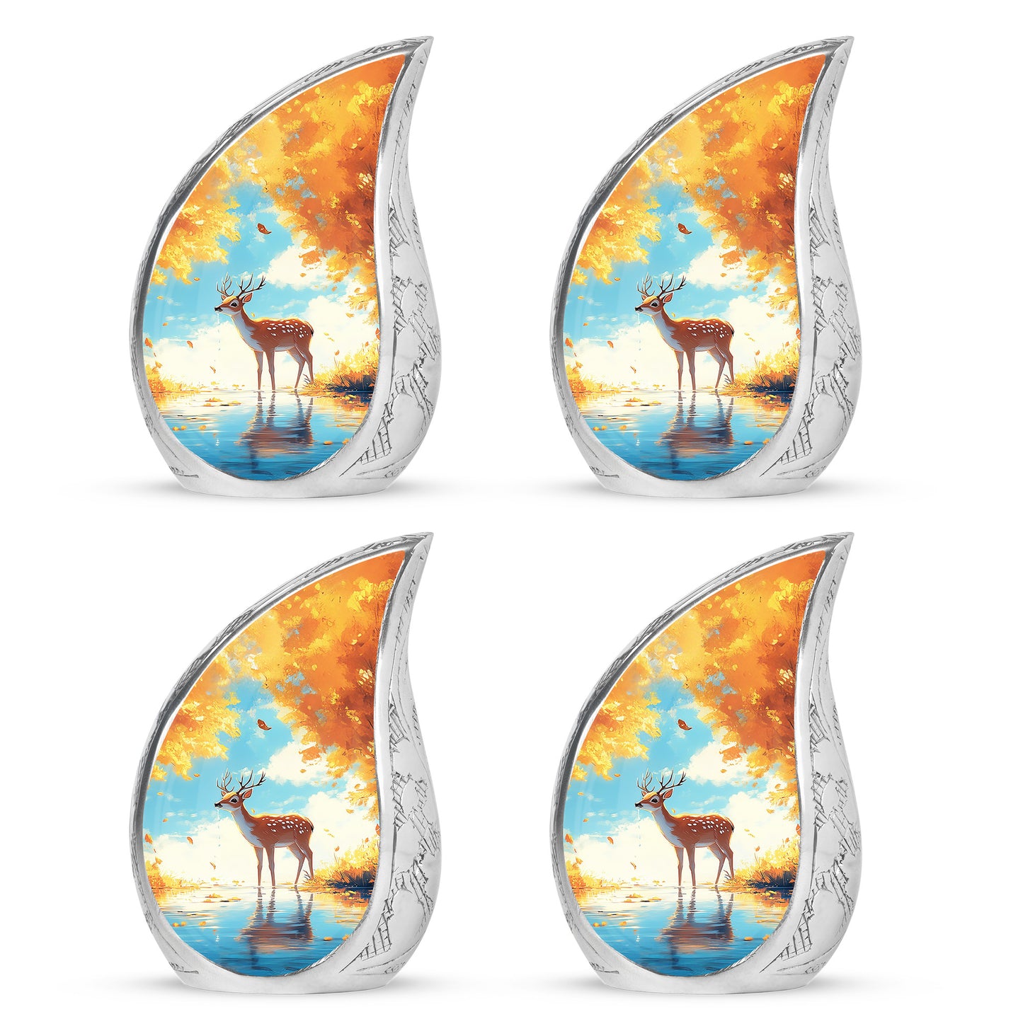Ocean Teal Deer Cremation Urn close-up of engraving and surface detail - rounded teardrop deer design with delicate detail - 10 inch aluminum urn for cremated remains