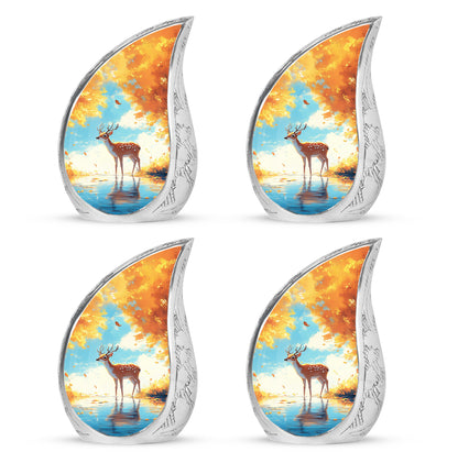 Ocean Teal Deer Cremation Urn close-up of engraving and surface detail - rounded teardrop deer design with delicate detail - 10 inch aluminum urn for cremated remains