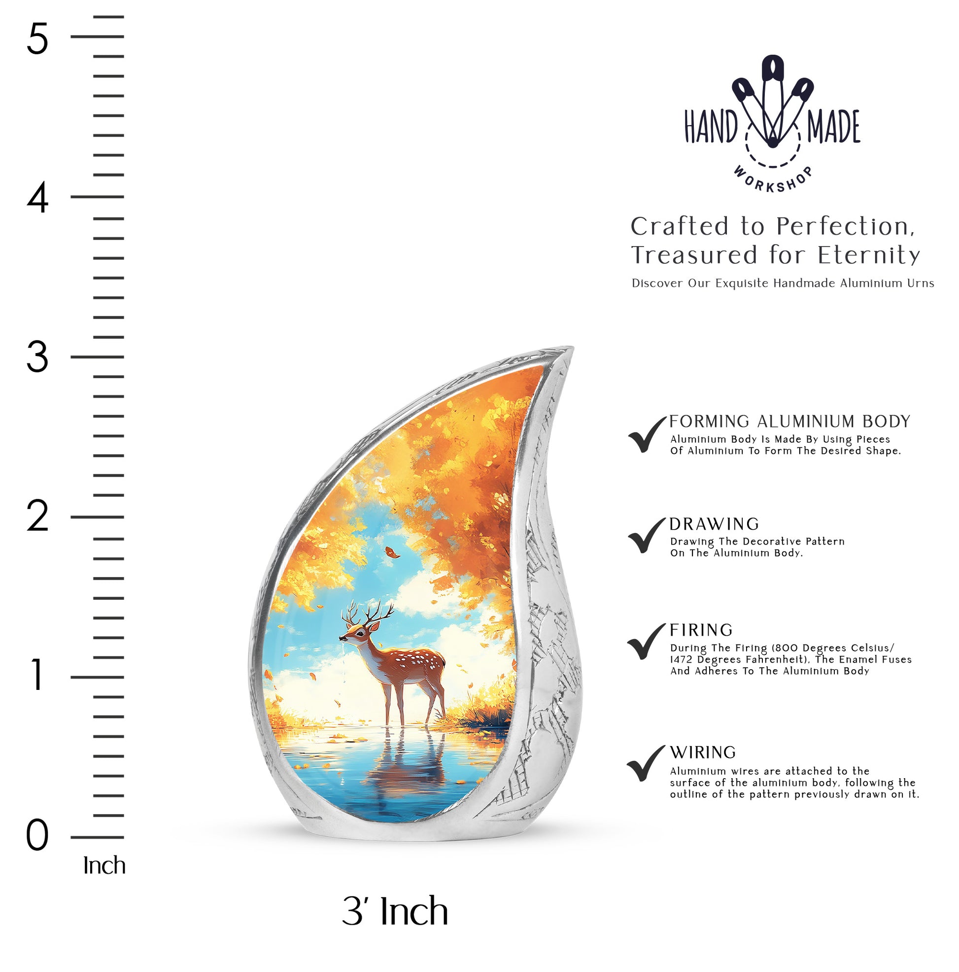 Cool Teal Deer Cremation Urn angled view of lid and engraved motif - flowing teardrop deer silhouette on curved aluminum - mini keepsake memorial for portion of cremation ashes