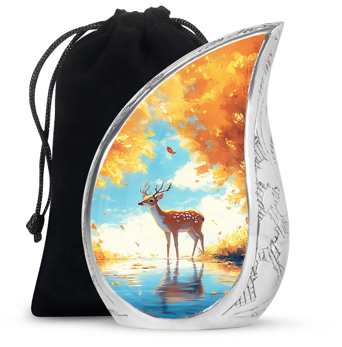 Ocean Teal Deer Cremation Urn front view showing detailed design - rounded teardrop deer design with delicate detail - full-size 10 inch 200 cubic inch adult cremation urn