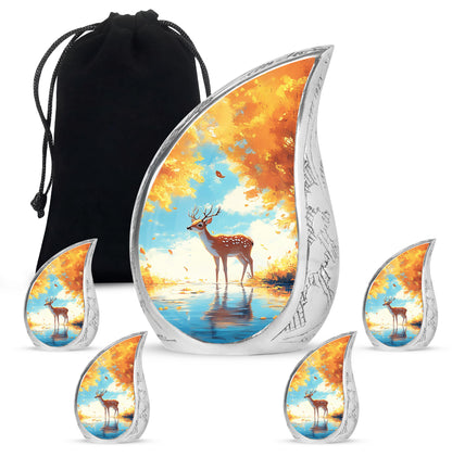 Vivid Teal Deer Cremation Urn side profile showing urn shape - smooth teardrop contour featuring deer art - memorial set with one large and four small urns