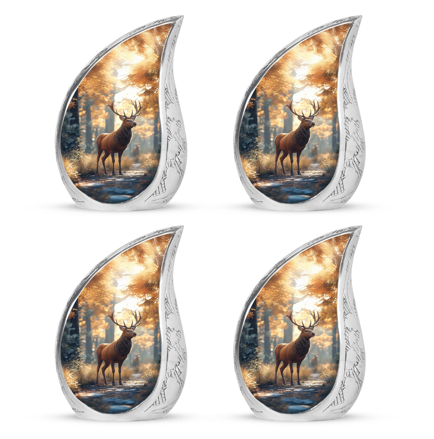 Burnished Gold Deer Cremation Urn close-up of engraving and surface detail - graceful tear-shaped urn with deer motif - 10 inch aluminum urn for cremated remains
