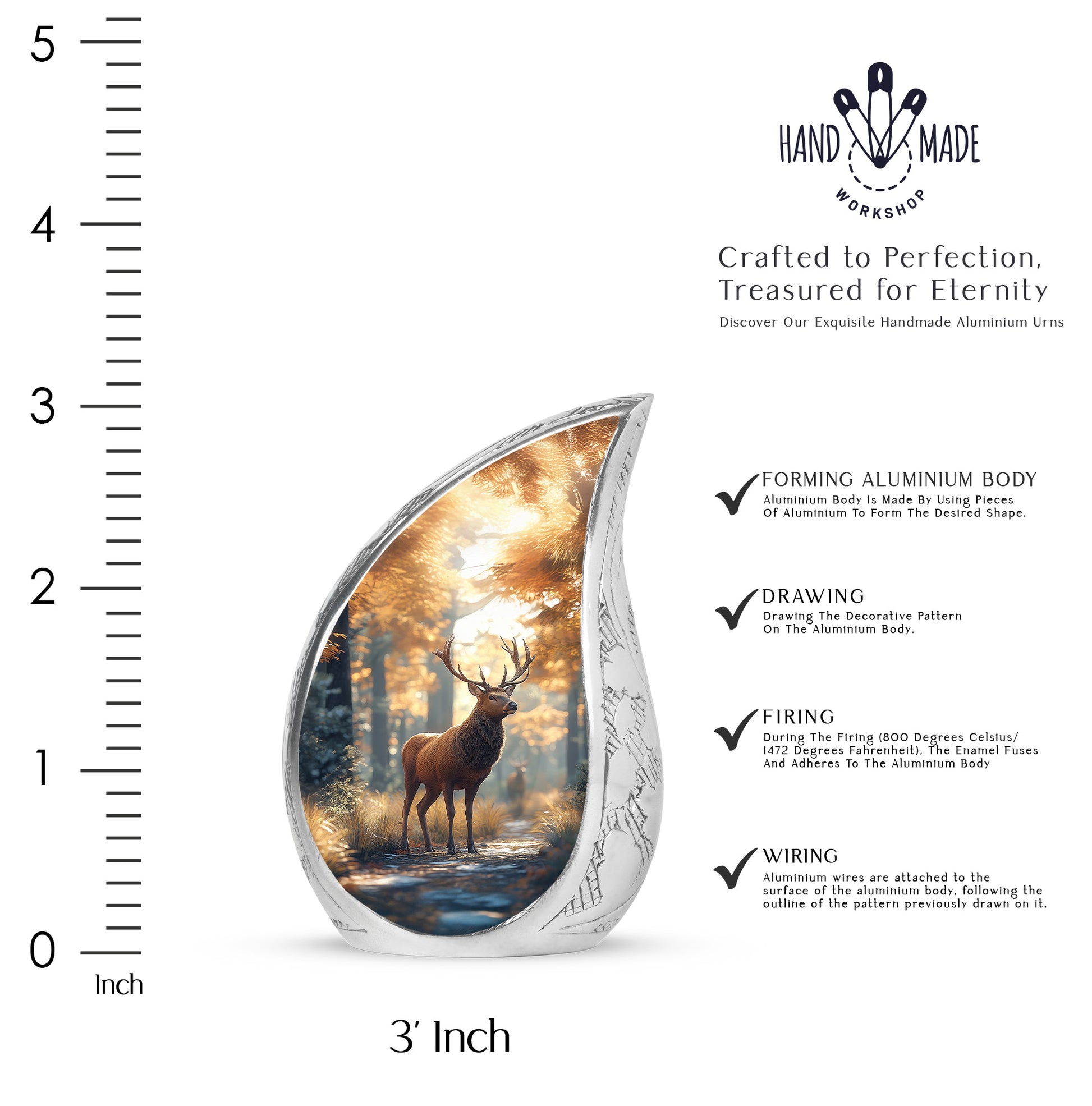 Antique Gold Deer Cremation Urn angled view of lid and engraved motif - rounded teardrop deer design with delicate detail - mini keepsake memorial for portion of cremation ashes