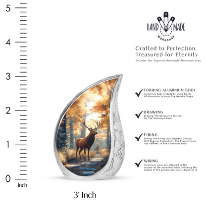 Antique Gold Deer Cremation Urn angled view of lid and engraved motif - rounded teardrop deer design with delicate detail - mini keepsake memorial for portion of cremation ashes