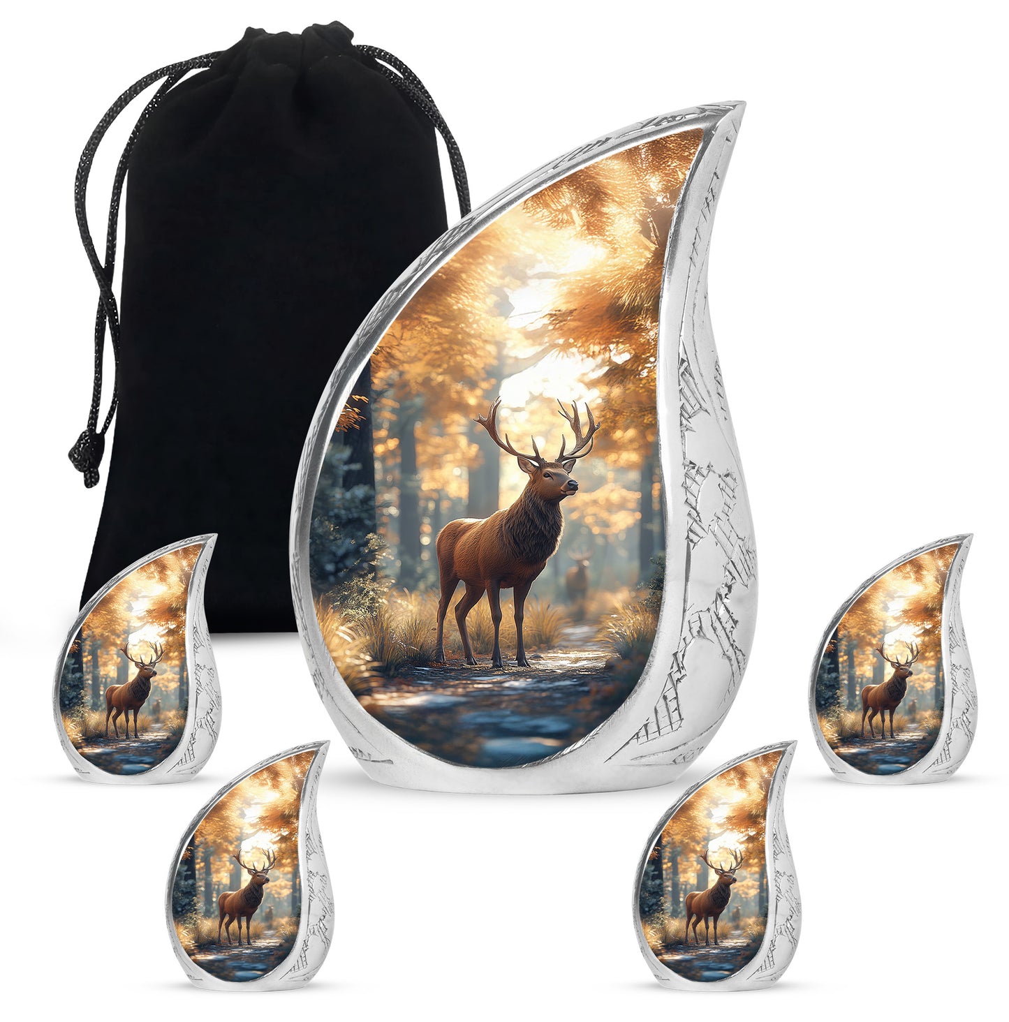 Gilded Gold Deer Cremation Urn side profile showing urn shape - flowing teardrop deer silhouette on curved aluminum - memorial set with one large and four small urns