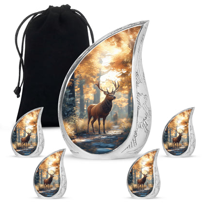 Gilded Gold Deer Cremation Urn side profile showing urn shape - flowing teardrop deer silhouette on curved aluminum - memorial set with one large and four small urns