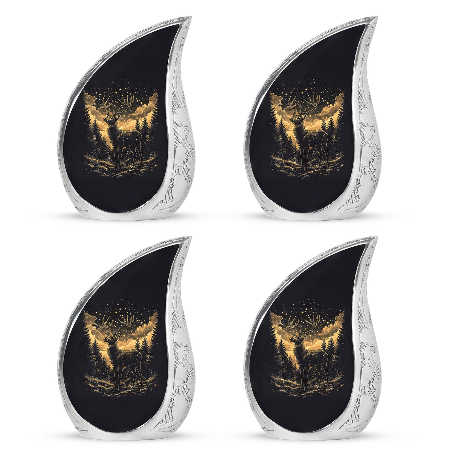 Ebony Deer Cremation Urn close-up of engraving and surface detail - rounded teardrop deer design with delicate detail - 10 inch aluminum urn for cremated remains