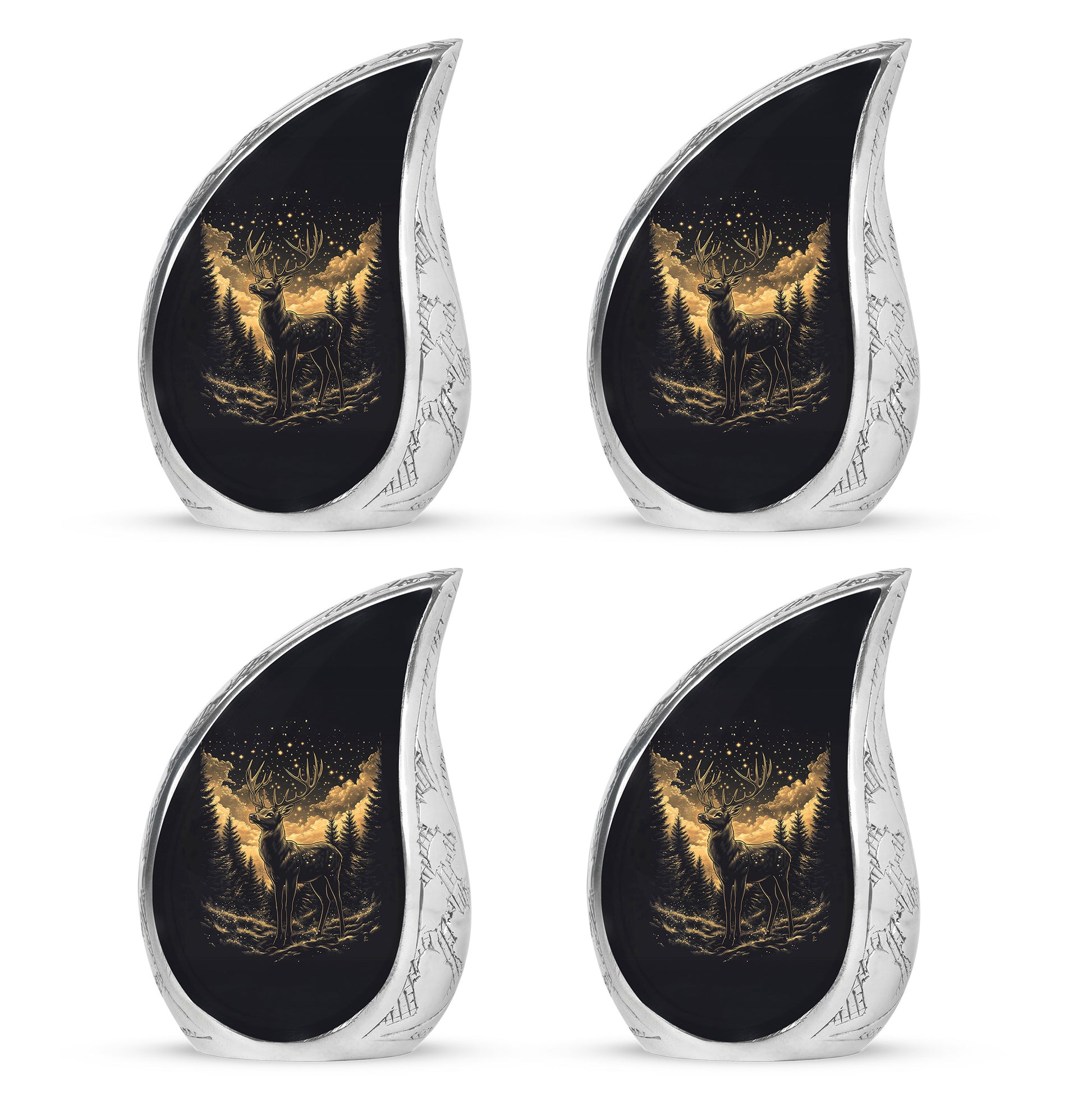 Ebony Deer Cremation Urn close-up of engraving and surface detail - rounded teardrop deer design with delicate detail - 10 inch aluminum urn for cremated remains
