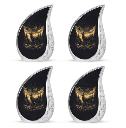 Ebony Deer Cremation Urn close-up of engraving and surface detail - rounded teardrop deer design with delicate detail - 10 inch aluminum urn for cremated remains