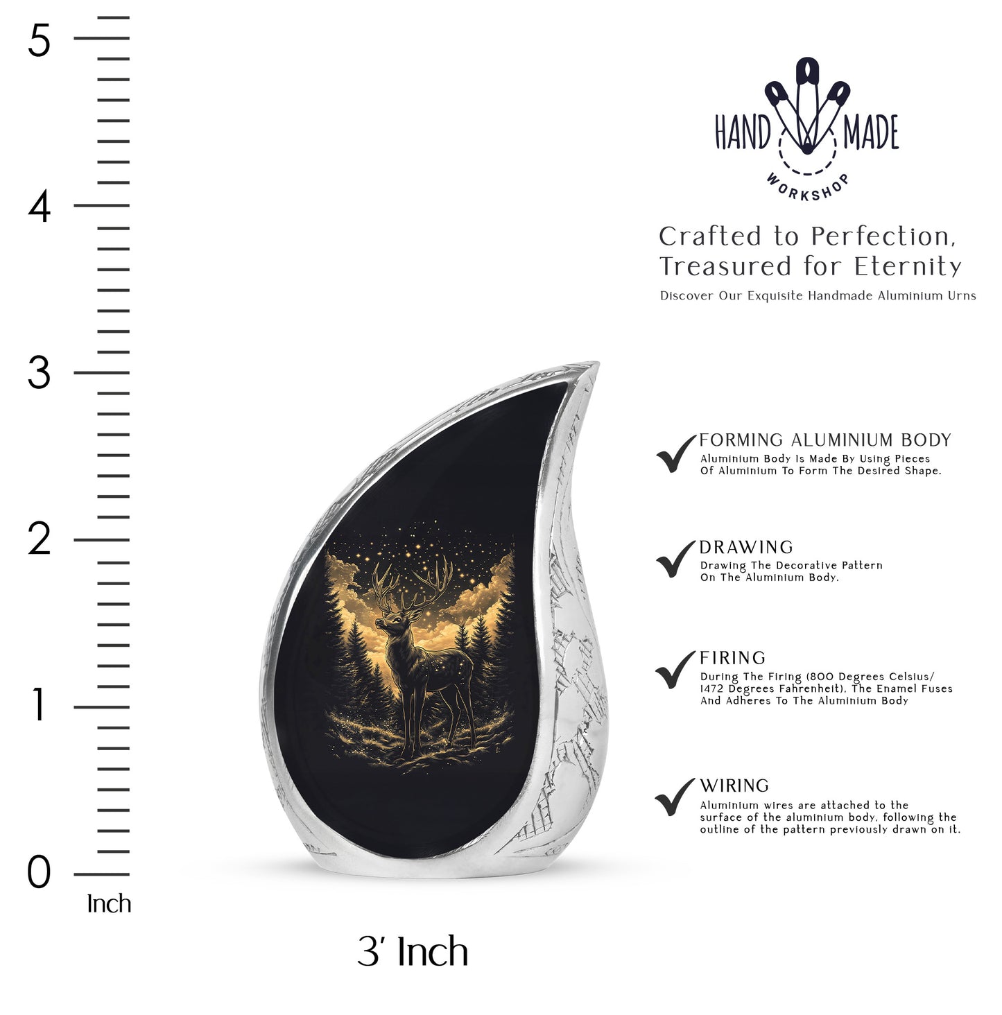 Charcoal Black Deer Cremation Urn angled view of lid and engraved motif - smooth teardrop contour featuring deer art - mini keepsake memorial for portion of cremation ashes