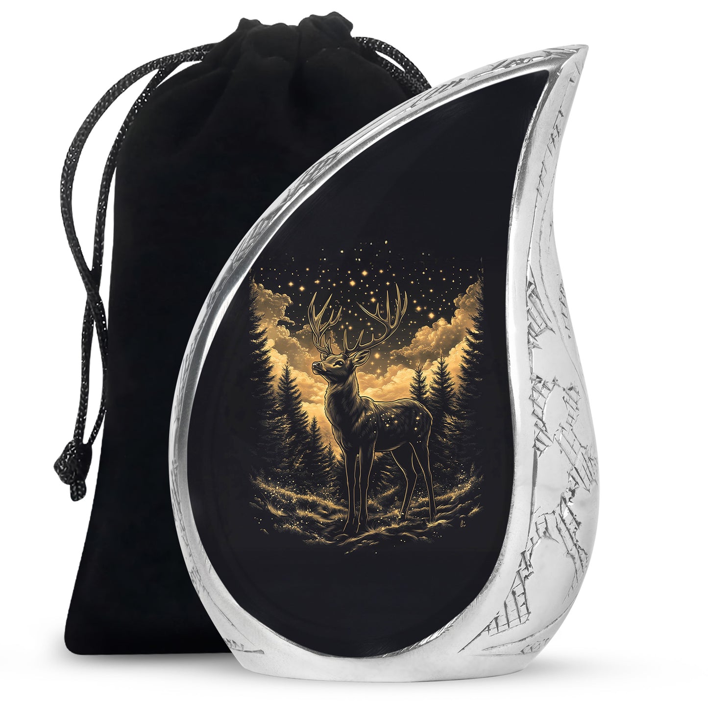 Jet Black Deer Cremation Urn front view showing detailed design - flowing teardrop deer silhouette on curved aluminum - full-size 10 inch 200 cubic inch adult cremation urn
