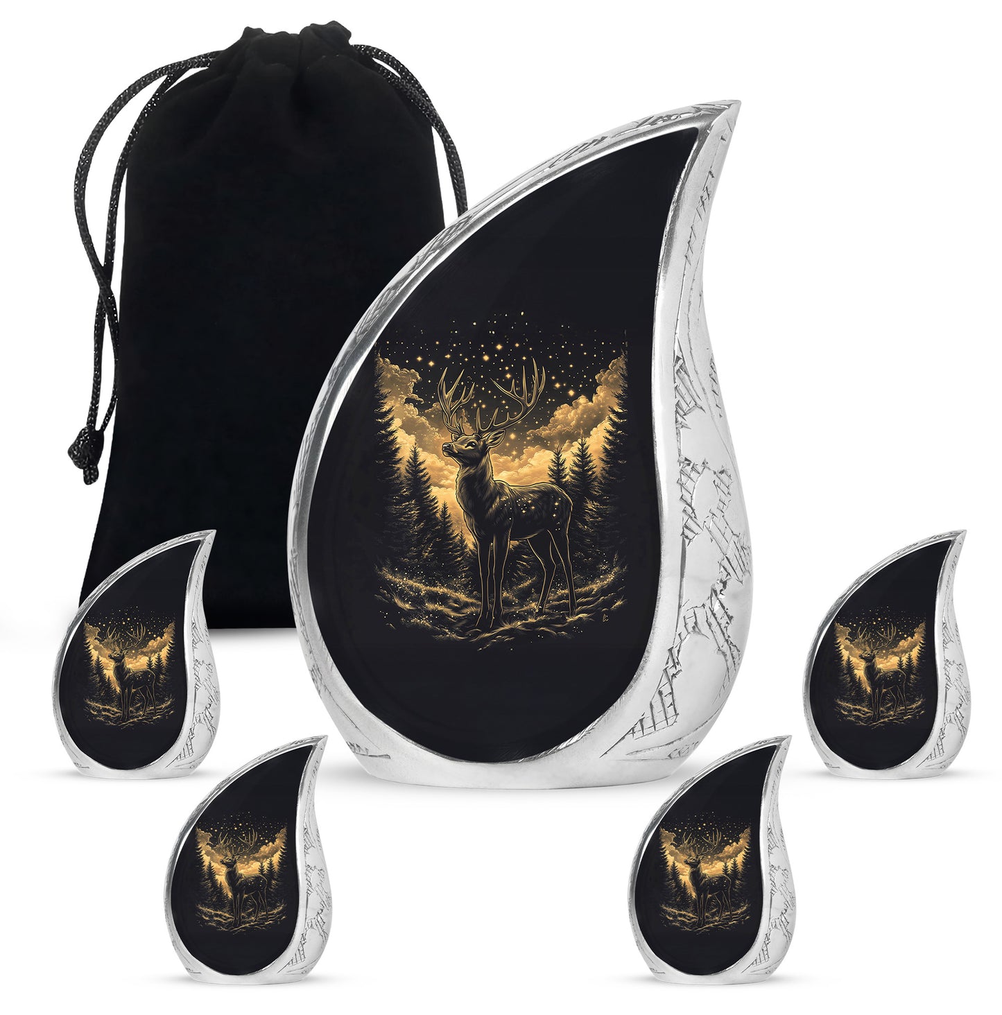 Onyx Black Deer Cremation Urn side profile showing urn shape - graceful tear-shaped urn with deer motif - memorial set with one large and four small urns