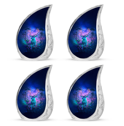 Cornflower Blue Deer Cremation Urn close-up of engraving and surface detail - smooth teardrop contour featuring deer art - 10 inch aluminum urn for cremated remains
