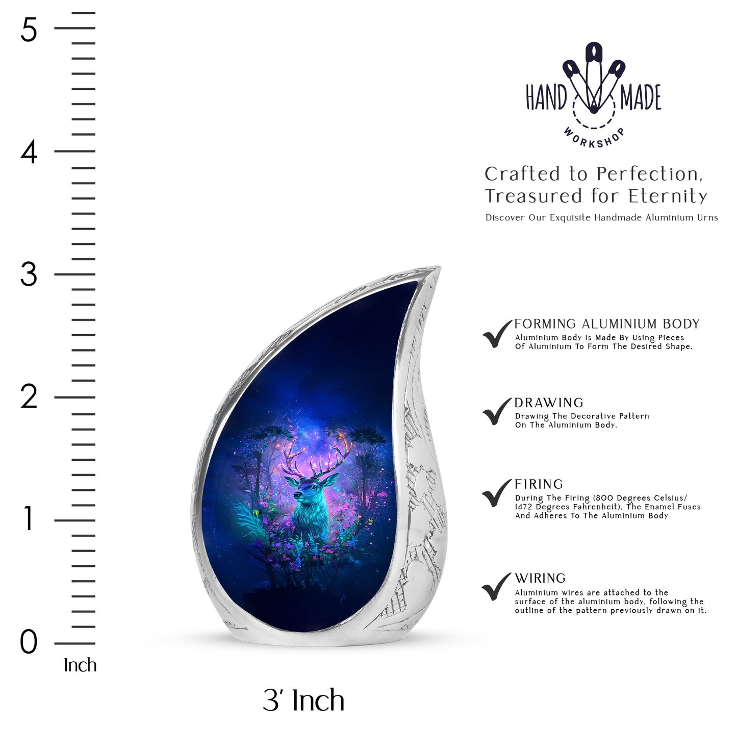 Serene Blue Deer Cremation Urn angled view of lid and engraved motif - graceful tear-shaped urn with deer motif - mini keepsake memorial for portion of cremation ashes