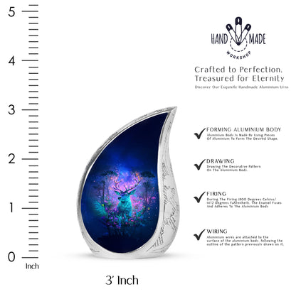 Serene Blue Deer Cremation Urn angled view of lid and engraved motif - graceful tear-shaped urn with deer motif - mini keepsake memorial for portion of cremation ashes