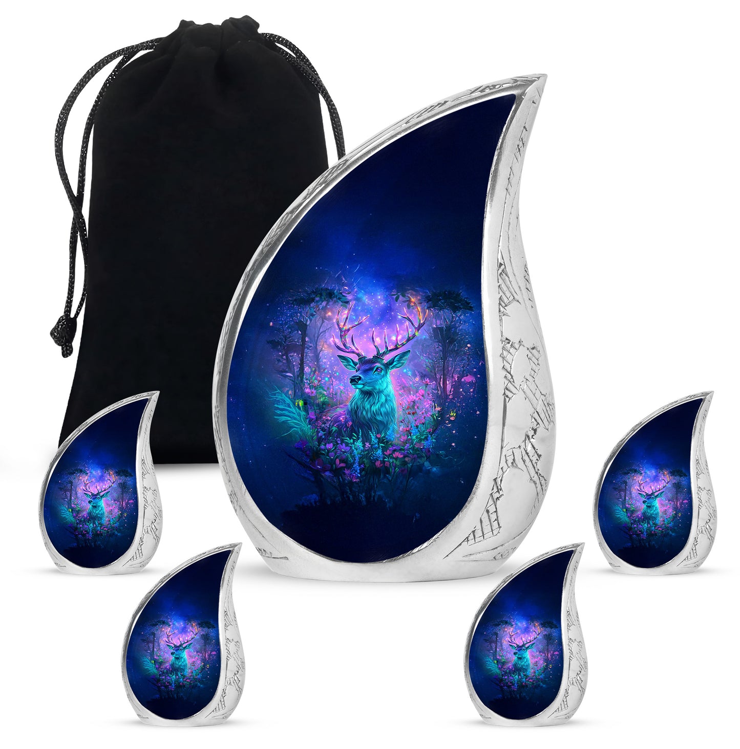 Royal Blue Deer Cremation Urn side profile showing urn shape - graceful tear-shaped urn with deer motif - memorial set with one large and four small urns
