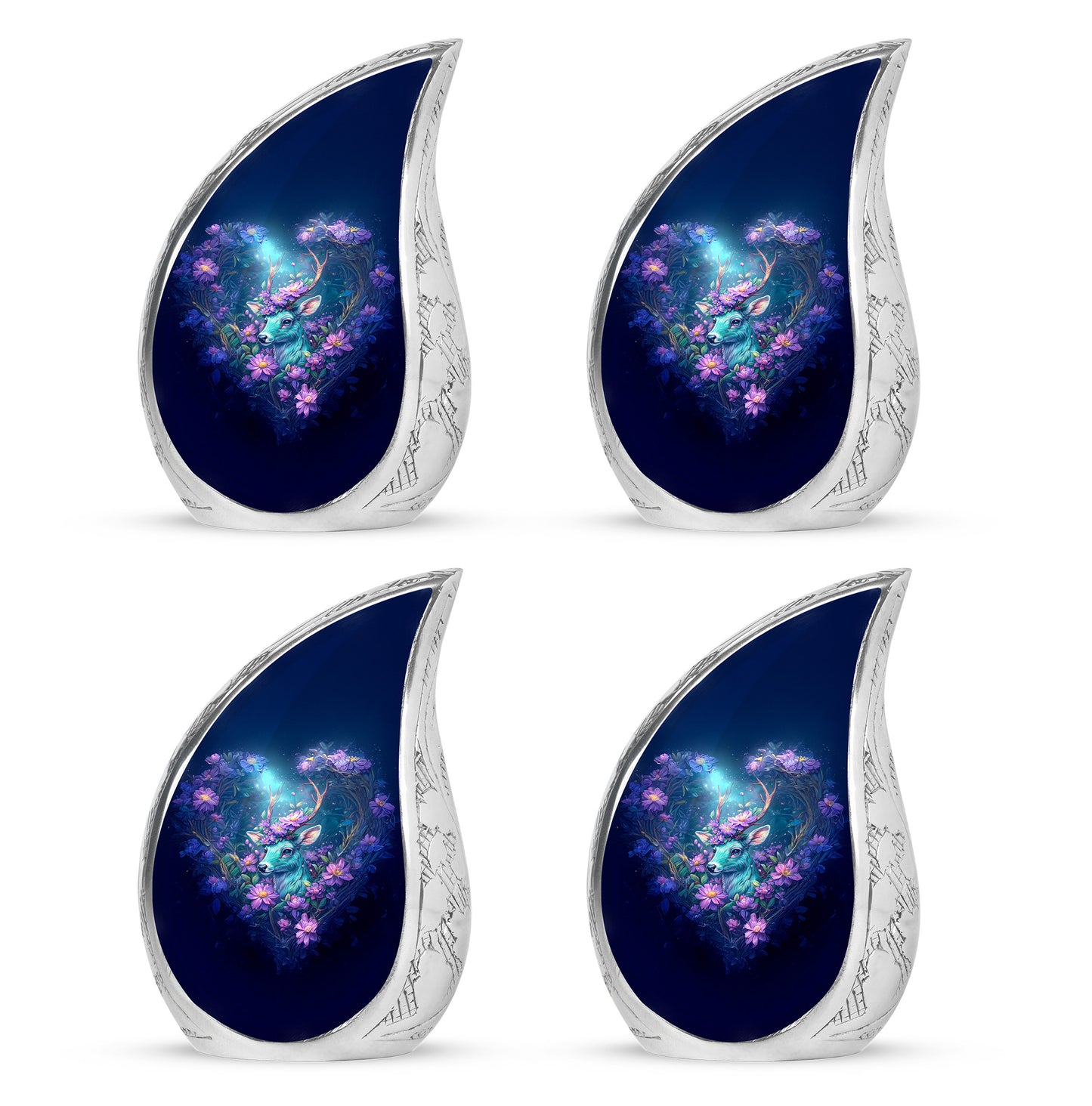 Icy Blue Deer Cremation Urn close-up of engraving and surface detail - rounded teardrop deer design with delicate detail - 10 inch aluminum urn for cremated remains