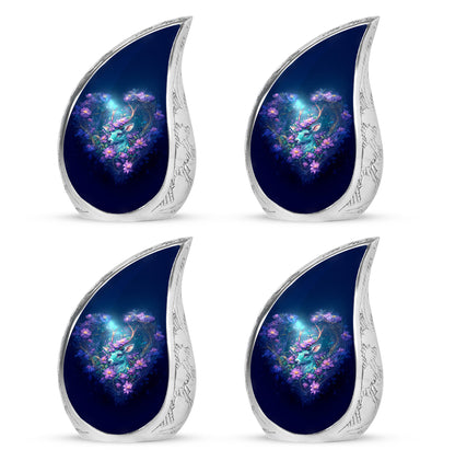 Icy Blue Deer Cremation Urn close-up of engraving and surface detail - rounded teardrop deer design with delicate detail - 10 inch aluminum urn for cremated remains