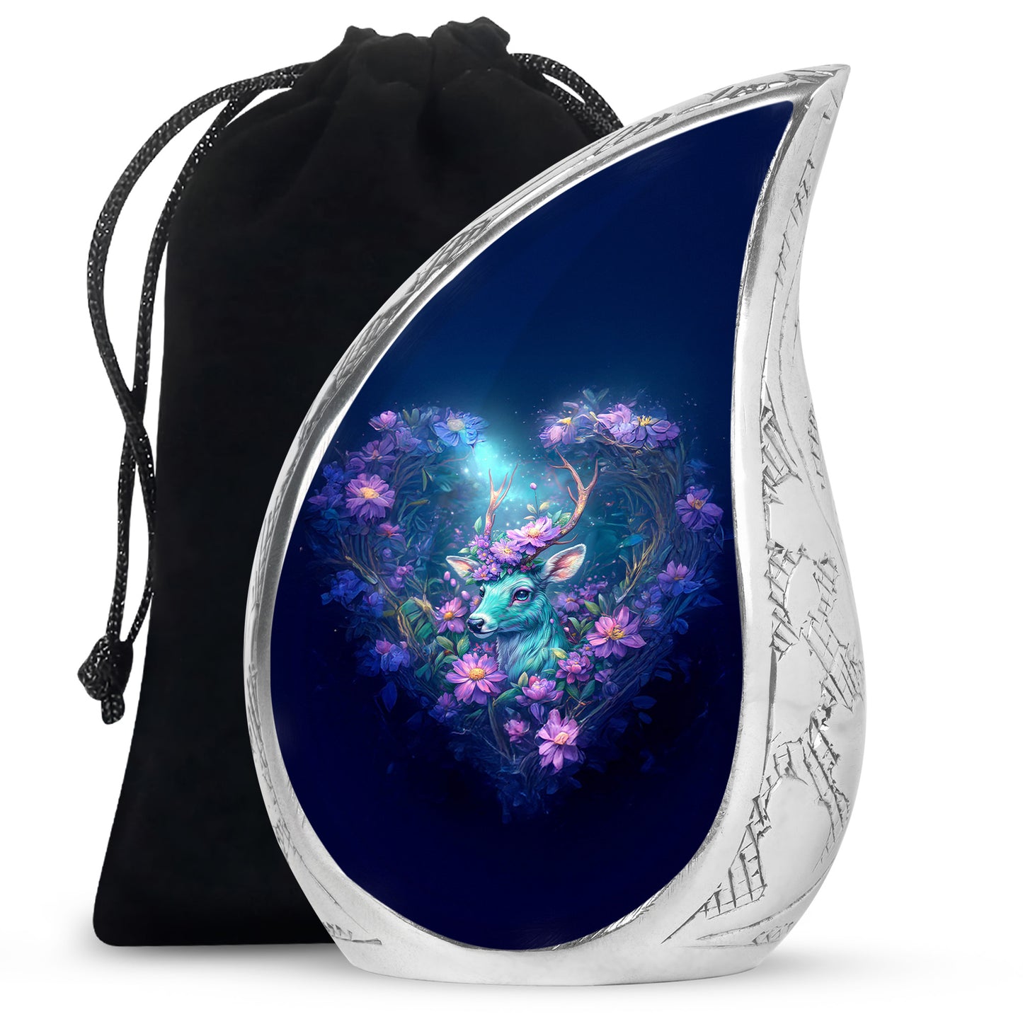 Sapphire Blue Deer Cremation Urn front view showing detailed design - smooth teardrop contour featuring deer art - full-size 10 inch 200 cubic inch adult cremation urn
