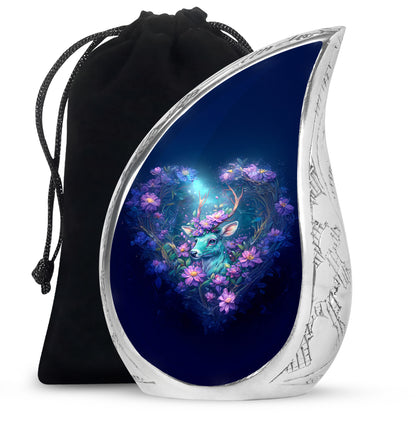 Sapphire Blue Deer Cremation Urn front view showing detailed design - smooth teardrop contour featuring deer art - full-size 10 inch 200 cubic inch adult cremation urn