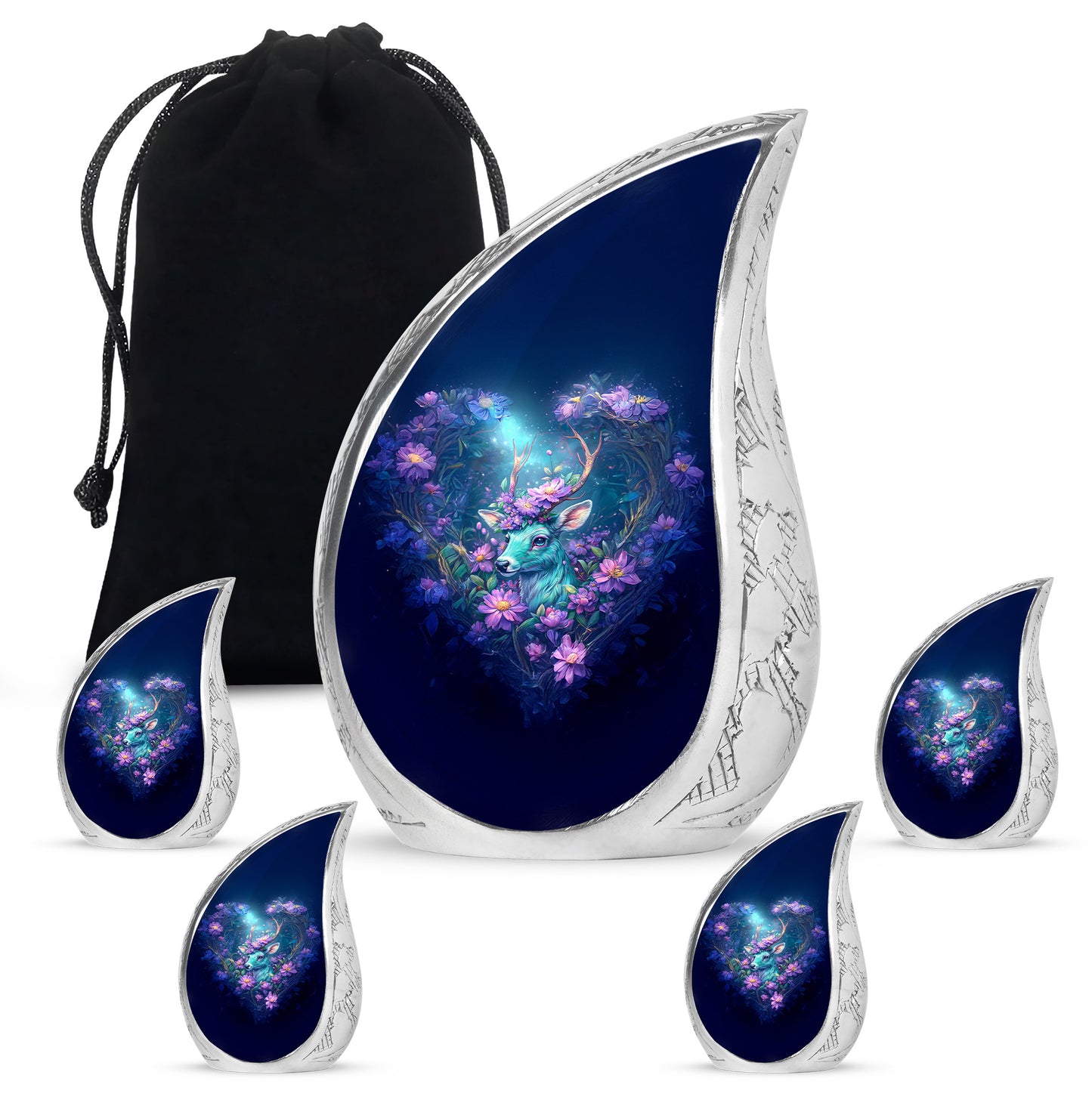 Cobalt Blue Deer Cremation Urn side profile showing urn shape - smooth teardrop contour featuring deer art - memorial set with one large and four small urns