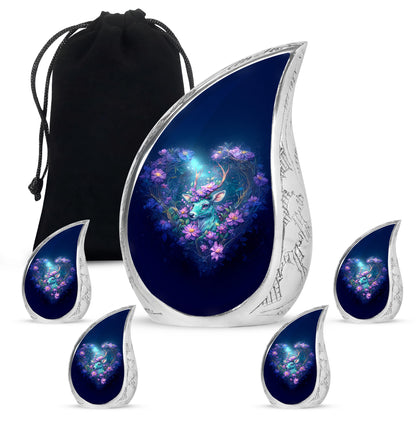 Cobalt Blue Deer Cremation Urn side profile showing urn shape - smooth teardrop contour featuring deer art - memorial set with one large and four small urns