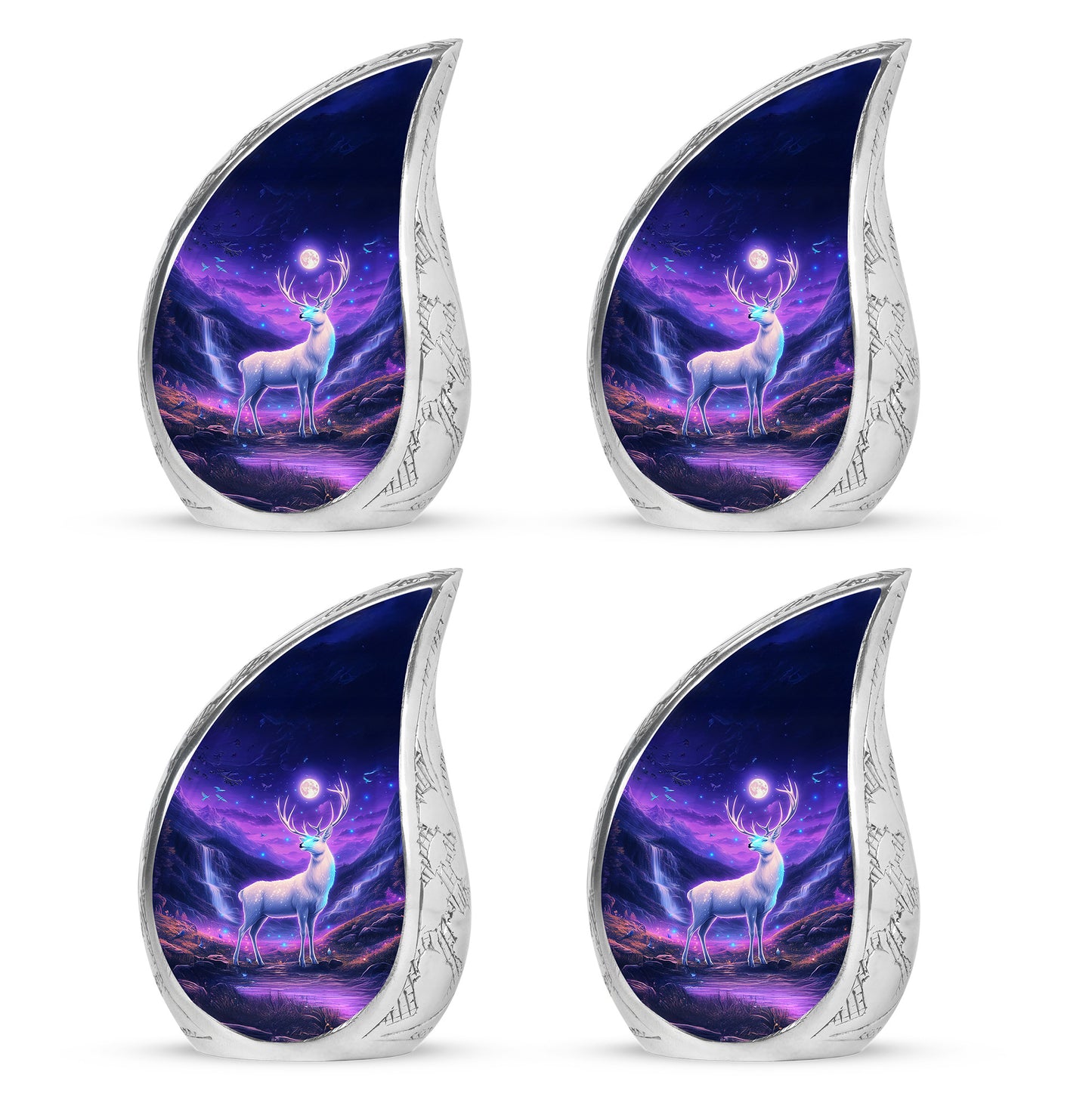 Powder Blue Deer Cremation Urn close-up of engraving and surface detail - flowing teardrop deer silhouette on curved aluminum - 10 inch aluminum urn for cremated remains