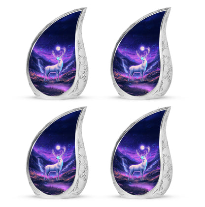 Powder Blue Deer Cremation Urn close-up of engraving and surface detail - flowing teardrop deer silhouette on curved aluminum - 10 inch aluminum urn for cremated remains