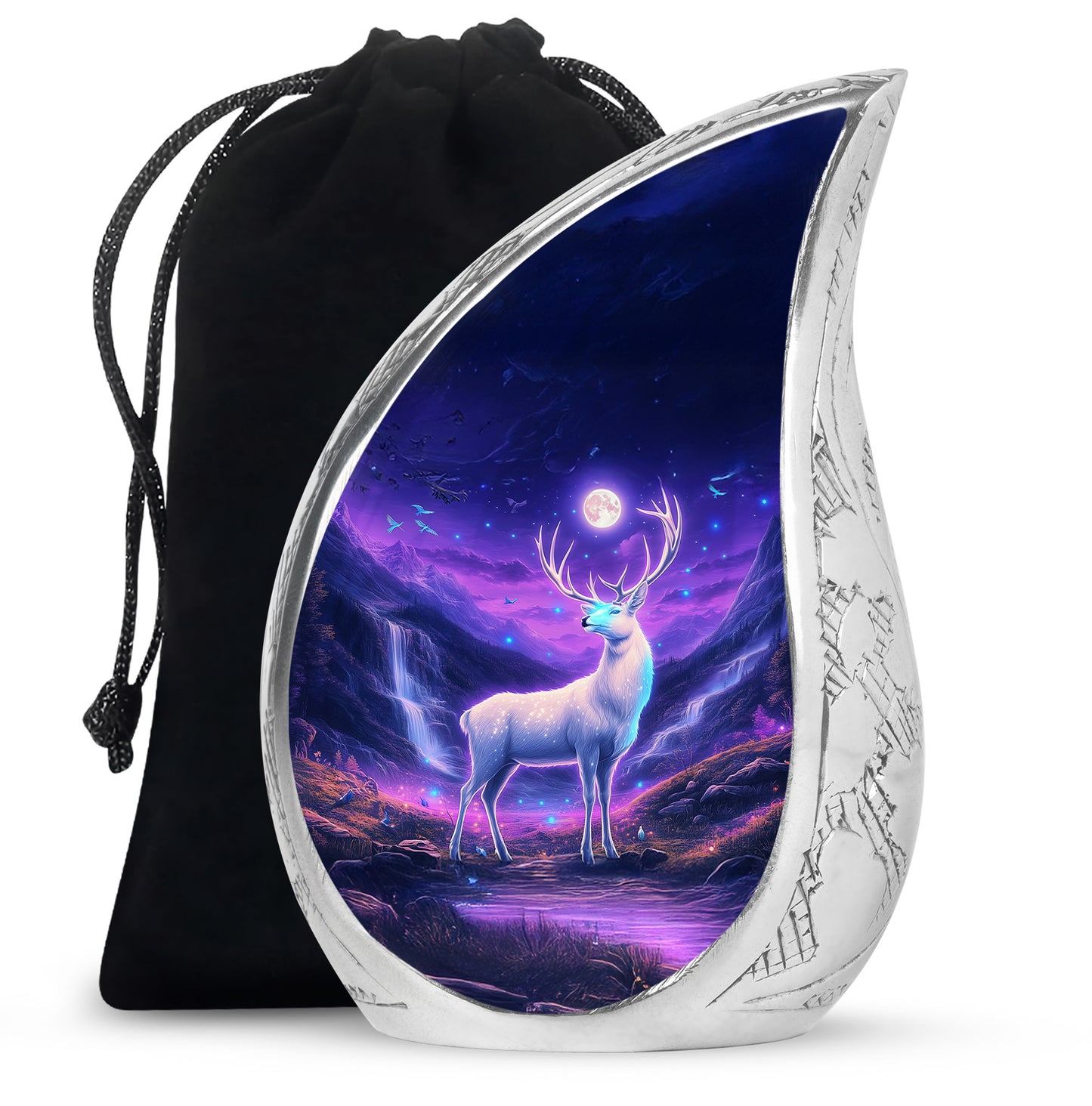 Cornflower Blue Deer Cremation Urn front view showing detailed design - smooth teardrop contour featuring deer art - full-size 10 inch 200 cubic inch adult cremation urn