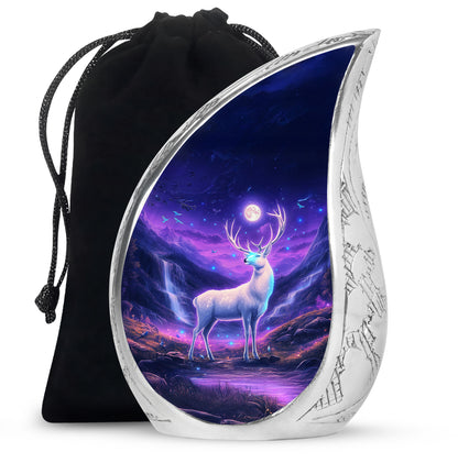 Cornflower Blue Deer Cremation Urn front view showing detailed design - smooth teardrop contour featuring deer art - full-size 10 inch 200 cubic inch adult cremation urn