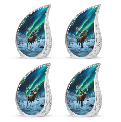 Dark Black Deer Cremation Urn close-up of engraving and surface detail - graceful tear-shaped urn with deer motif - 10 inch aluminum urn for cremated remains
