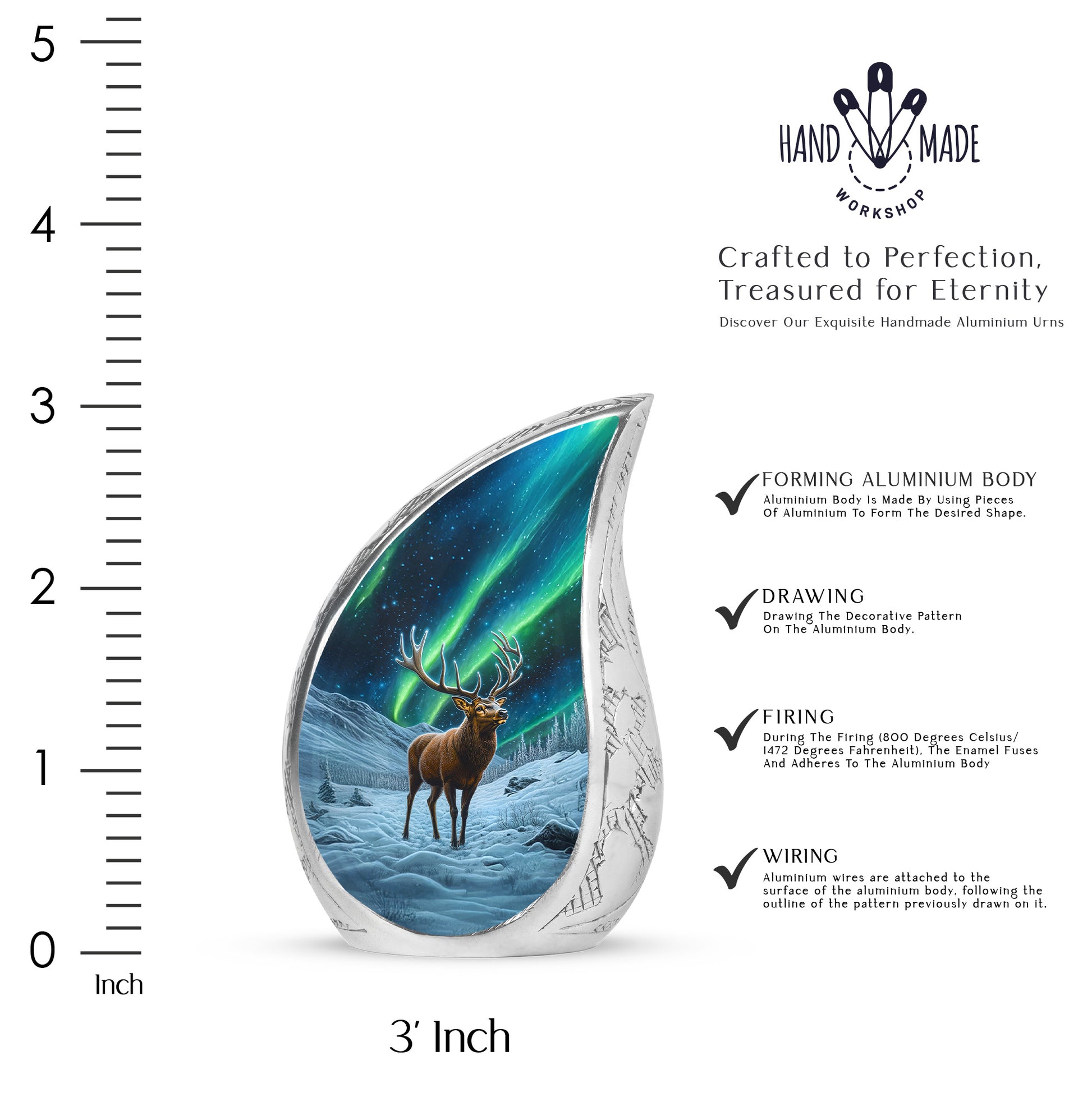 Charcoal Black Deer Cremation Urn angled view of lid and engraved motif - graceful tear-shaped urn with deer motif - mini keepsake memorial for portion of cremation ashes