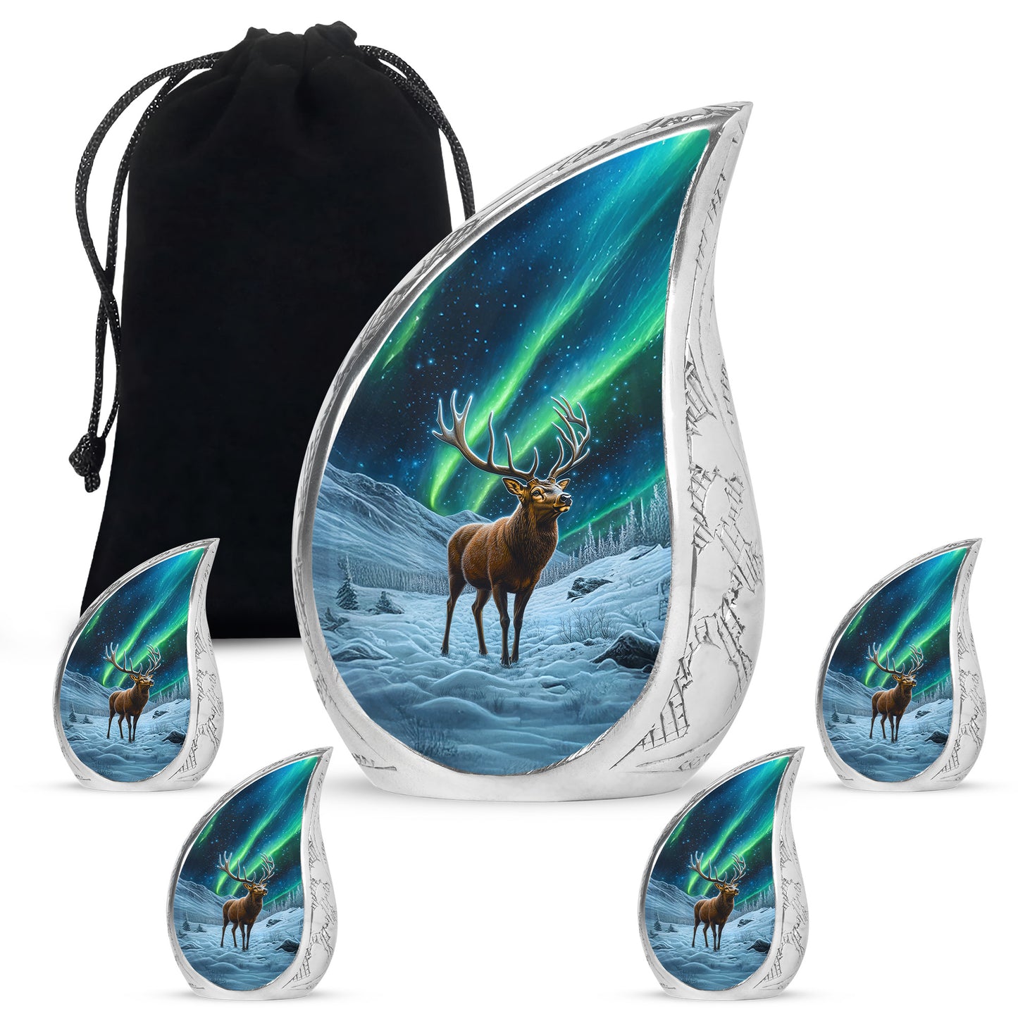 Jet Black Deer Cremation Urn side profile showing urn shape - rounded teardrop deer design with delicate detail - memorial set with one large and four small urns