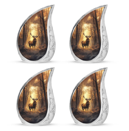 Champagne Gold Deer Cremation Urn close-up of engraving and surface detail - rounded teardrop deer design with delicate detail - 10 inch aluminum urn for cremated remains