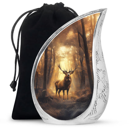 Antique Gold Deer Cremation Urn front view showing detailed design - rounded teardrop deer design with delicate detail - full-size 10 inch 200 cubic inch adult cremation urn