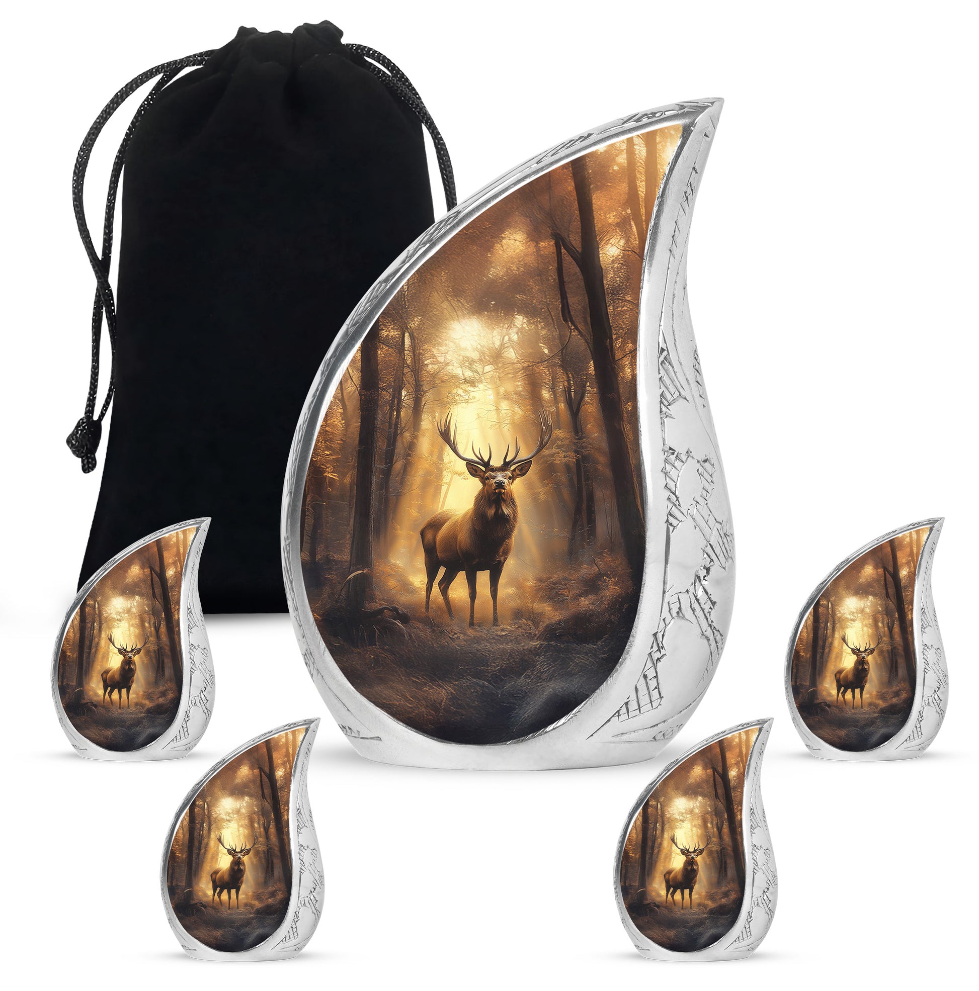 Harvest Gold Deer Cremation Urn side profile showing urn shape - smooth teardrop contour featuring deer art - memorial set with one large and four small urns